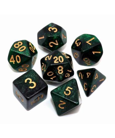 CREEBUY Polyhedral DND Dice Set Glitter Dice for Dungeon and Dragons D&D RPG Role Playing Games Green Mix Black Nebula Dice Black Mixed Green+glitter
