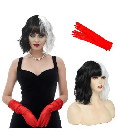 Yamel Black and White Wig with Red Gloves Short Curly Wavy Wigs Half Black and White Wig for Women Halloween Cosplay Wavy Black and White