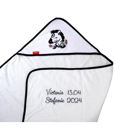 Hooded towel with embroidered name Towel WITH hood 76x76 cm 100% cotton Gift (White - Zebra)