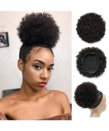 100% Human Hair Afro Puff Drawstring Ponytail Short Curly Afro Bun Hair Extension Natural Black 1B Hairpiece with Two Clips for Black Women 8 Inch (Pack of 1) Afro Bun-1B