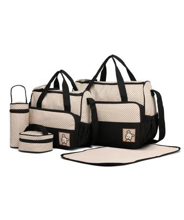 Miss Lulu 5er-Set Baby Wickeltasche Babytasche Tasche Mutter Windeltasche Handtasche Schultertasche Flaschenhalter mit wickelunterlage Black Set