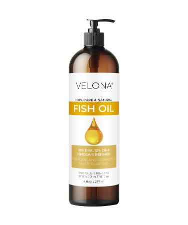 Fish Omega-3 Oil by Velona - 8 Fl Oz | 100% Pure and Natural Carrier Oil | Refined | Vitamin E D Omega-3 | Cooking Skin Face Body Hair Care | Use Today - Enjoy Results