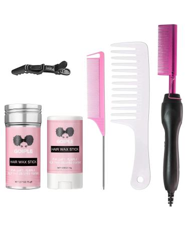 Electric Hot Comb Pink Hair Straightener Electrical Straightening Comb Curling Iron for Natural Black Hair Wigs with Wide Tooth Comb, Rat Tail Comb, Wax Stick