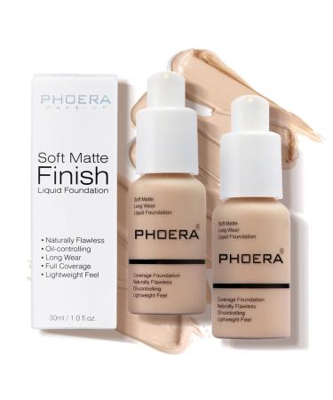 PHOERA Matte Foundation Covering Imperfections Long Lasting Waterproof Full Coverage Foundation (2 Pieces 102)
