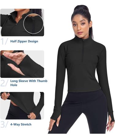 HISKYWIN Women's Cropped Workout Jacket - Black | Half Zip Pullover | Slim Fit Long Sleeve Athletic Top - Buy Online on GoSupps.com