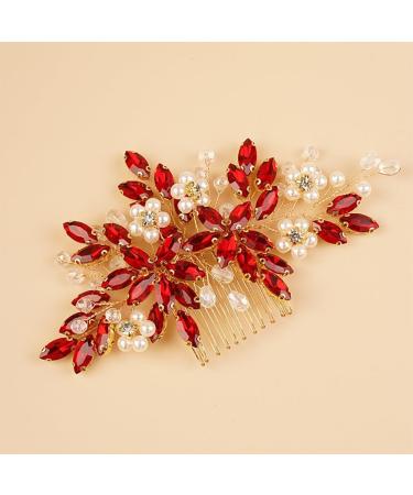 BERYUAN Pearls Rhinestone Flowers Hair Comb Red Teardrop Crystal Rhinestone Wedding Headband Gold Bride Headband Crystal Rhinestone Pearls Wedding Headpiece for Women Girls (RED) - Buy Online on GoSupps.com