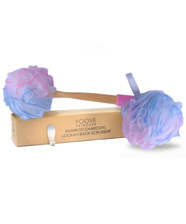 Loofah Back Scrubber - Bamboo Charcoal Fiber Bath Sponge Set for Men & Women - Includes Handle & Hook - Pink - Buy Online on GoSupps.com
