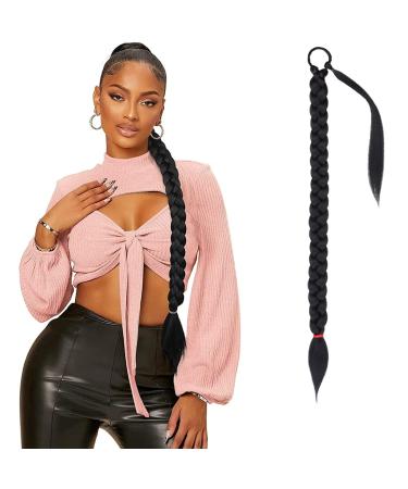 Leeven 30 Inch Braided Ponytail Extension Synthetic Slick Ponytail Hair Pieces Natural Black Ponytail Hair Extensions 1B# 30 Inch (Pack of 1) 1B# /Black
