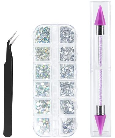 Canvalite 1500PCS Rhinestones in 6 Sizes Flat Back Gems, Crystal AB Rhinestones Nail Art Gems with Pick Up Tweezers and Rhinestone Picker Dotting Pen, Nail Art Tools for Nails, Clothes, Face, Craft AB and Clear