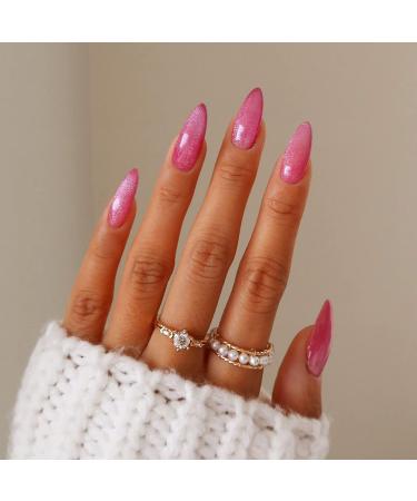 Pink Press on Nails Medium Almond Fake Nails Cat Eye False Nails with Glitter Design Artificial Nails Full Cover Acrylic Nails Glossy Stick on Nails Cute Press on Nails Glue on Nails for Women A004
