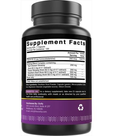 Oxify Ginseng Complex 1000 MG with B12 & Royal Jelly | 120 Capsules | Gluten-Free Non-GMO | Supplement Made in USA - Buy Online on GoSupps.com