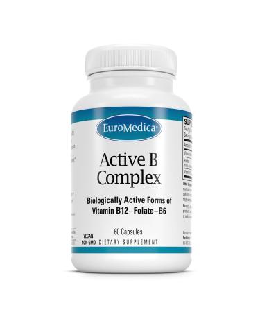 EuroMedica Active B Complex - Supplement to Aid Heart Health with Bioactive B Vitamins - Supplement with Folate & Calcium - B Complex Capsules to Aid Nervous System Health & Function - 60 Capsules