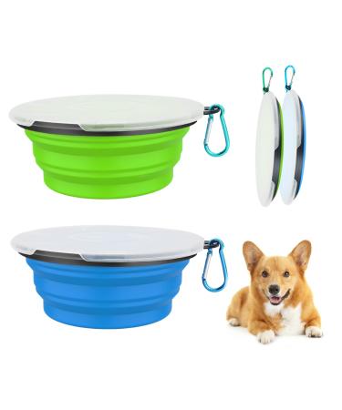 Dog bowls foldable travel bowl 2 pieces of feeding dog bitches with lids and hooks spout -safe dog bowl portable silicone drinking shell for cats dog hikes and camping (1000ml blue & green) 1000ml water & green