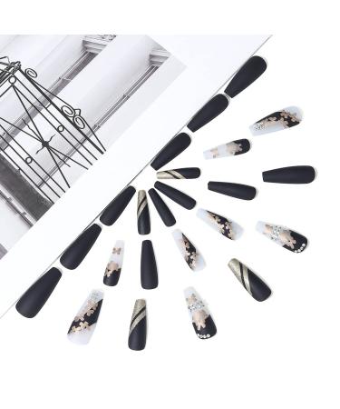 Brishow Black Long Artificial Nails with Gold Butterfly - 24 Ballerina Press-On Acrylic Nails for Women & Girls - Buy Online on GoSupps.com