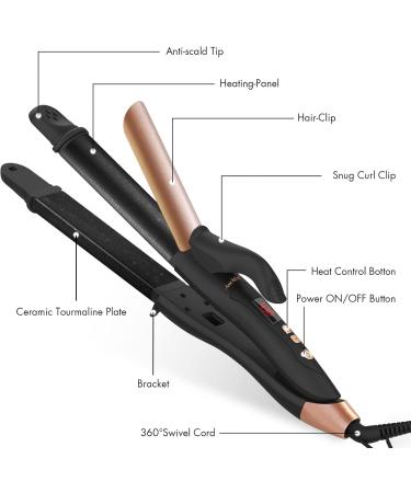 AmoVee 2-in-1 Travel Curling Iron & Hair Straightener - 1.25 Inch Ceramic Tourmaline Dual Voltage Adjustable Temp Rose Gold - Buy Online on GoSupps.com