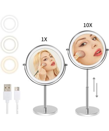 Height Adjustable 8 Inch Makeup Mirror with Lights and Magnification 1X/10X - Dimmable, Rechargeable, Double Sided, 360 Rotation - Touch Control Vanity Mirror for Women - Silvery - Buy Online on GoSupps.com