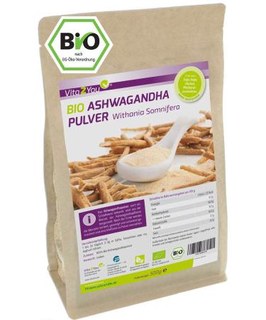Vita2You Organic Ashwagandha Powder 500g - 100% Organic Quality - Indian Ginseng - Premium Quality - Bottled in Germany - Buy Online on GoSupps.com