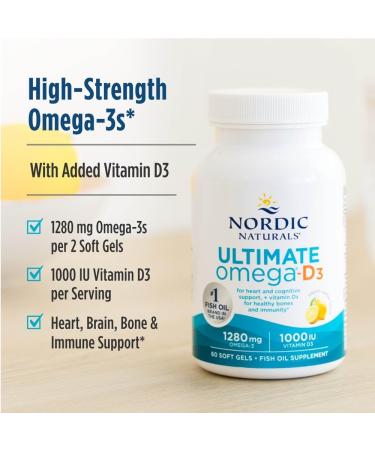 Nordic Naturals Ultimate Omega-D3 Lemon Flavor - 90 Soft Gels - 1280 mg Omega-3 + 1000 IU Vitamin D3 - EPA & DHA - Promotes Brain Heart & Immune Health - 45 Servings Lemon 90 Count (Pack of 1) - Buy Online on GoSupps.com