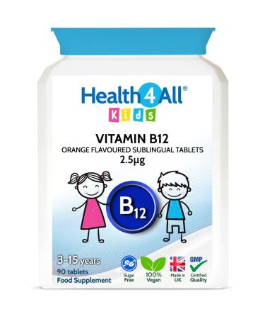 Kids Vitamin B12 2.5mcg Sublingual 90 Tablets (V) Vegan Methylcobalamin Chewable Tablets for Children. Orange Flavoured. Made in The UK by Health4All 90 Count (Pack of 1) - Buy Online on GoSupps.com