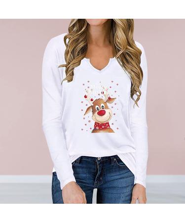 MNEVN Women's Reindeer Print Christmas Long Sleeve V-Neck T-Shirt - Small White - Buy Online on GoSupps.com