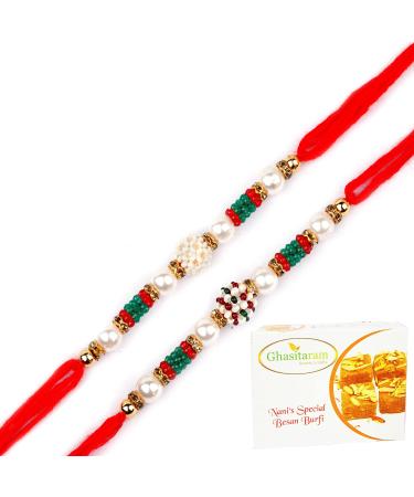 Ghasitaram Gifts Rakhi for Brother Rakhis Online - Set of 2-6423 Rakhis with 400 GMS of Besan Barfi Rakhi Set with 400 gms of Besan Barfi