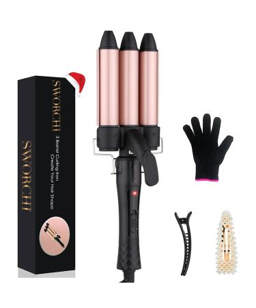 3 Barrel Hair Waver Curler Mermaid Hair Curling Wand Tongs 25MM Beach Waves Ceramic Tourmaline Crimpers Fast Heating Deep Curly Iron with Temperature Control for Girls Women Hair Styling Tools (Rose) Rose Gold Mermaid Curling Wand
