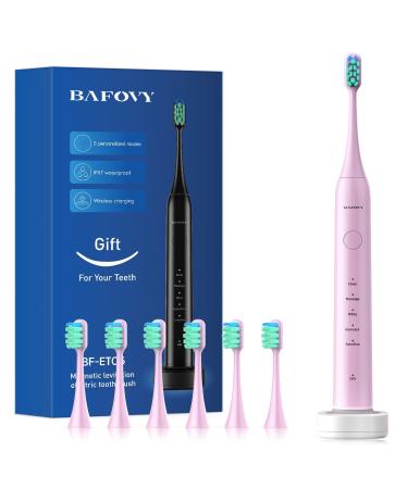 Sonic Electric Toothbrush for Adults and Kids, BAFOVY Rechargeable Electric Power Toothbrushes with 6 Brush Heads, 5 Modes, 2 Min Smart Timer and Wireless Fast Charging (Pink)