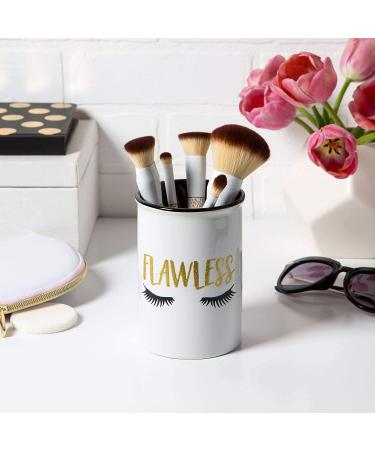 Round White Ceramic Makeup Brush Holder with Cute Sayings - Flawless Cosmetic Organizer for Vanity Countertop - Buy Online on GoSupps.com
