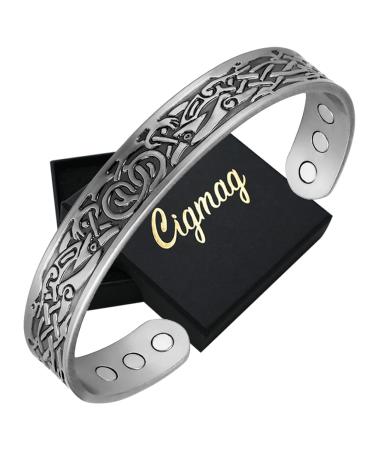 Cigmag Copper Bracelet for Men Ultra Strength Magnet 99% Solid Pure Copper Brazaletes Adjustable Cuff Bangle with Gift Box for Father's Day & Birthday (Grey Viking Pattern)