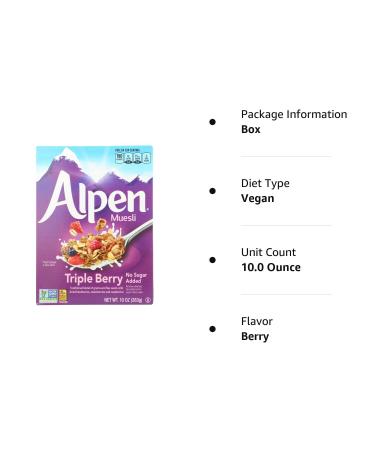 Alpen Triple Berry No Sugar Added Muesli - Swiss Style Cereal | Whole Grain, Non-GMO, Heart Healthy, Kosher, Vegan | Real Fruit, 10 oz - Buy Online on GoSupps.com