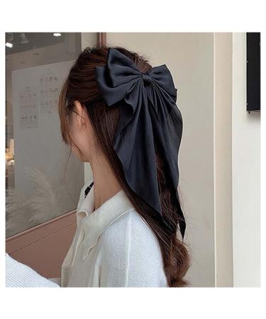 Allereya Vintage Large Silk Bow Hair Clip Barrette French Silk Bow Head Clip Black Ribbon Bow Hair Barrette Headpieces Silk Bow Hair Accessories for Women and Girls (Black)