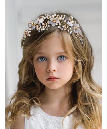 IYOU Flower Girl Headpiece Gold Flower Pearl Headband Leaf Crystal Bridal Wedding Hair Accessories for Girls - Buy Online on GoSupps.com