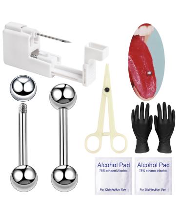 Tongue Piercing Kit - Belly Button Navel Lip Nipple Self Piercing Gun Professional Tools with Helix Jewelry Disposable Piercer Clamps at Home 13 Gauge Tongue Piercing Kit