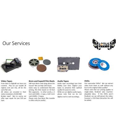 Lotus Media 10 Pack - Video Tape Transfer Service to MP4 (VHS, Hi8, MiniDV, Digital8, VHS-C, Beta, Audio) - Digitization Experts - Buy Online on GoSupps.com