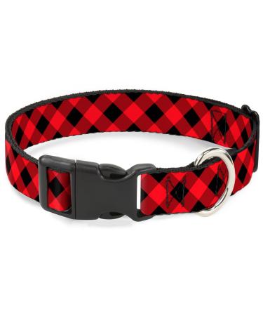 Buckle-Down Dog Collar Plastic Clip Diagonal Buffalo Plaid Black Red Available in Adjustable Sizes for Small Medium Large Dogs 1" Wide - Fits 15-26" Neck - Large