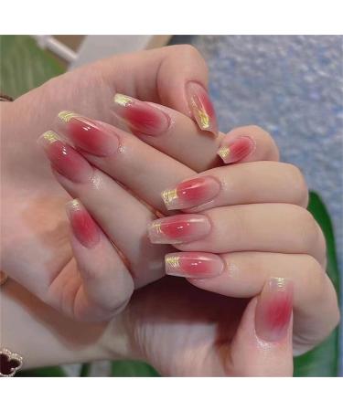 Press on Nails Long Fake Nails 24Pcs Shiny Red False fingernail with Self-Adhesive Jelly Nail Glue Tabs Press On False Nails