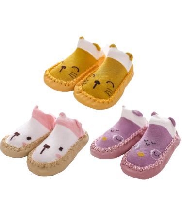 Ceguimos 4 Pairs of Baby Boys Girls Indoor Slippers Anti-Slip Socks Shoes 12-18 Months Yellow Purple White