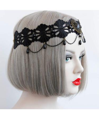 Lurrose Gothic Lolita Black Pearl Lace Forehead Chain Headband for Halloween - Buy Online on GoSupps.com