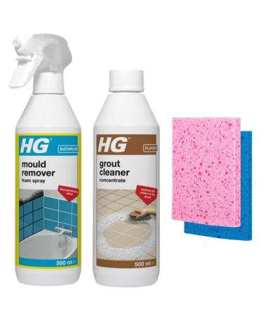 HG Grout Cleaner Concentrate 500ml HG Mould Remover Foam Spray 500ml 2x CHG Sponge Wipes - Dirt Remover Cleaning Bundle for Ceilings Walls Tiles Bathroom Stains