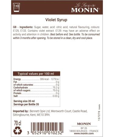 MONIN Premium Violet Syrup 700ml - Vegan-Friendly and Allergen-Free | 100% Natural Flavours for Cocktails and Mocktails - Buy Online on GoSupps.com
