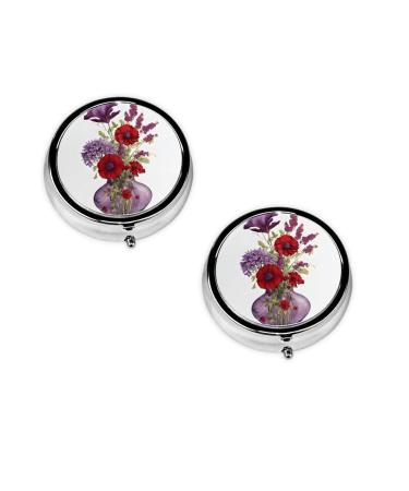 (Poppy Flower) Round Pill Box 3 Compartment Pill Box Mini Decorative Pocket Purse Portable Travel Medicine Tablet Vitamin Holder Organizer Pill Case