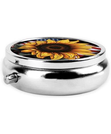 Sunflower & American Flag Portable Metal Pill Box | Round Mini 3-Compartment | Travel-Friendly Design | Ideal for Small Pills - Buy Online on GoSupps.com