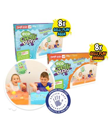 16 X Eco Gelli Play from Zimpli Kids transforms water into thick colorful goo children Montessori preschool toys environmentally friendly environmentally friendly recyclable children's toys orange and aqua