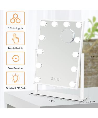 HUONUL Hollywood Makeup Mirror with Lights - 12 LED Bulbs, Dimmable, Large Lighted, 3 Colors Lighting, 10X Magnifying, Touch Control - Buy Online on GoSupps.com