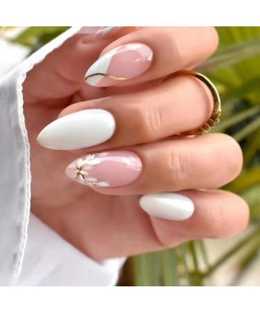 JUSTOTRY 24 Pcs White Flower Stiletto False Nails Medium Milky French Press on Nails Pattern Trendy Swirl Fake Nails Short with Nail Glue Almond Stick on Nails for Women Nails Fake Nail for Nails Art flower&white1