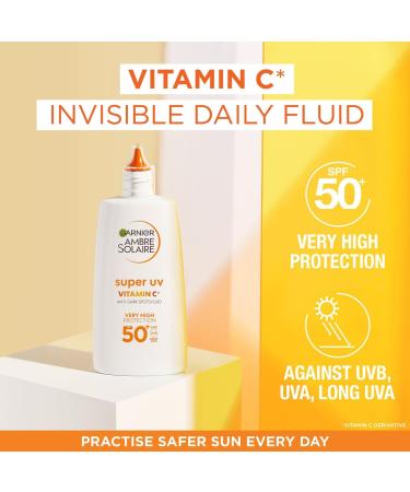Garnier Ambre Solaire Daily UV Fluid SPF50+ Corrects & Prevents Dark Spots Boosts Glow Invisible Finish Super UV Vitamin C 40ml - Buy Online on GoSupps.com