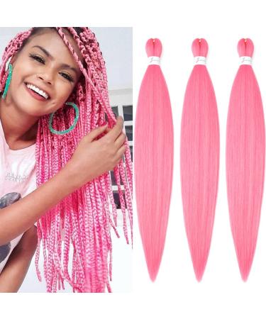 Pink Braiding Hair Extensions 32 Inch Pre stretched Braiding Hair Hot Water Setting Synthetic Hair Pre Stretched Crochet Braids Hair(3 Packs Pink) 32 Inch(Pack of 3) Pink