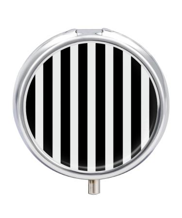 Round Pill Box Black & White Stripe Print 3 Compartment Medicine Pill Case Print Pill Organizer Decorative Metal Portable Pill Box Pocket Pill Box Style