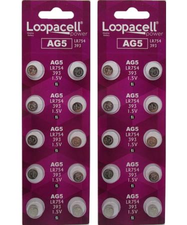(20) AG5 393 LR754 SR754 Alkaline Battery Button Cell by LOOPACELL 10 Count (Pack of 2)