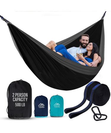 Vigel Camping Hammock - Durable Hammock Double or Single Hammock - Portable Tree Hammock - Hammocks for Outside - Outdoor - Easy to Set, Heavy Duty Camping Accessories for Outdoor, Travel, Hiking Black & Grey Large